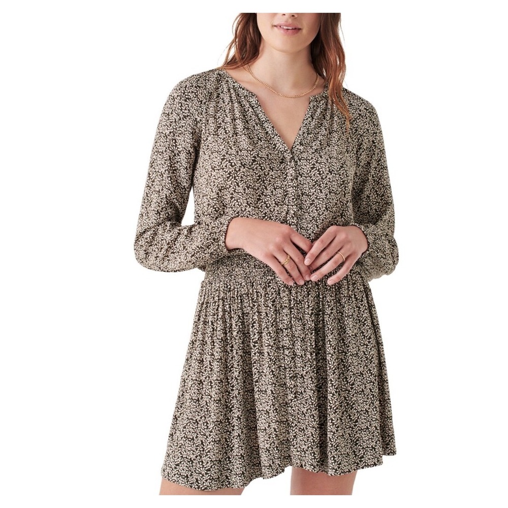Faherty Montara Dress Leaf Batik Smocked Waist V-Neck Brown Size‎ S